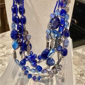 Vibrant Blue Multi-Strand Glass, Acrylic, Shell and Crystal Beaded Necklace